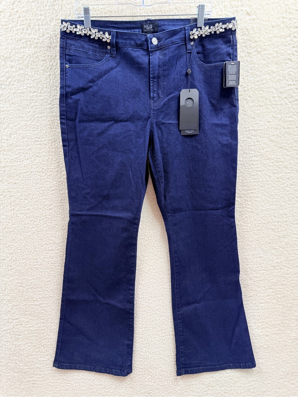 Rachel Roy Black label indigo dark wash gemstone studded flare jeans size 14/32
